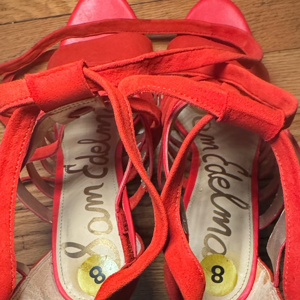 Gorgeous Sam Edelman Red Yarina Leather Chunky Heel Strappy Sandals Size 8 - Picture 8 of 11
